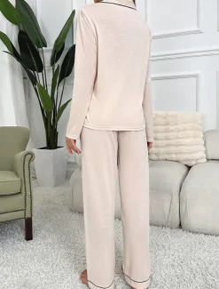 Women's Pajama Set Pure Color Casual Comfort Home Daily Comfort Warm Lapel Long Sleeve Shirt Pant Button Up Elastic Waist Fall Winter Home Outfits