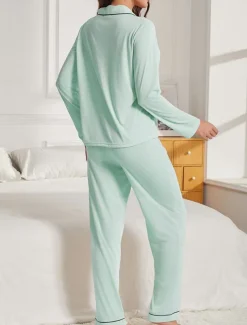 Women's Pajama Set Pure Color Casual Comfort Home Daily Comfort Warm Lapel Long Sleeve Shirt Pant Button Up Elastic Waist Fall Winter Home Outfits