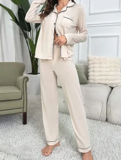 Women's Pajama Set Pure Color Casual Comfort Home Daily Comfort Warm Lapel Long Sleeve Shirt Pant Button Up Elastic Waist Fall Winter Home Outfits