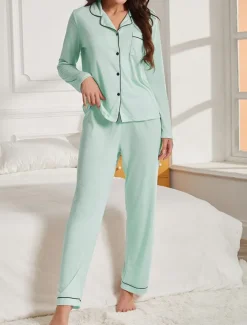 Women's Pajama Set Pure Color Casual Comfort Home Daily Comfort Warm Lapel Long Sleeve Shirt Pant Button Up Elastic Waist Fall Winter Home Outfits