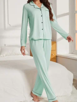 Women's Pajama Set Pure Color Casual Comfort Home Daily Comfort Warm Lapel Long Sleeve Shirt Pant Button Up Elastic Waist Fall Winter Home Outfits