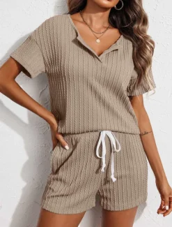 Women's Pajama Set Pure Color Casual Comfort Home Daily Spandex Comfort V Wire Short Sleeve Pant Elastic Waist Summer Home Outfits