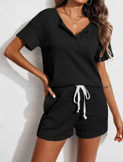 Women's Pajama Set Pure Color Casual Comfort Home Daily Spandex Comfort V Wire Short Sleeve Pant Elastic Waist Summer Home Outfits