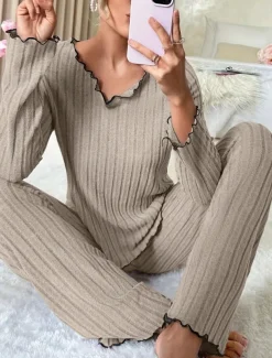 Women's Pajama Set Pure Color Casual Comfort Home Daily Comfort Warm V Neck Long Sleeve T shirt Pant Elastic Waist Fall Winter Home Outfits
