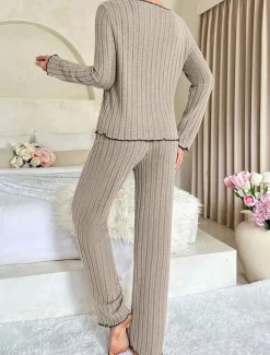Women's Pajama Set Pure Color Casual Comfort Home Daily Comfort Warm V Neck Long Sleeve T shirt Pant Elastic Waist Fall Winter Home Outfits