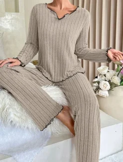 Women's Pajama Set Pure Color Casual Comfort Home Daily Comfort Warm V Neck Long Sleeve T shirt Pant Elastic Waist Fall Winter Home Outfits