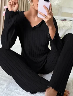 Women's Pajama Set Pure Color Casual Comfort Home Daily Comfort Warm V Neck Long Sleeve T shirt Pant Elastic Waist Fall Winter Home Outfits