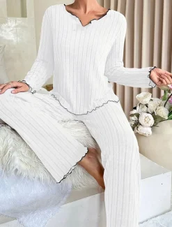 Women's Pajama Set Pure Color Casual Comfort Home Daily Comfort Warm V Neck Long Sleeve T shirt Pant Elastic Waist Fall Winter Home Outfits