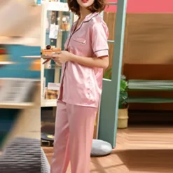 Women's Pajama Set Satin Notch Collar Short Sleeve Elastic Waist Home Loungewear Burgundy Silk-like Sleepwear All Seasons Comfort Fit