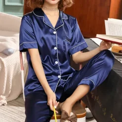 Women's Pajama Set Satin Notch Collar Short Sleeve Elastic Waist Home Loungewear Burgundy Silk-like Sleepwear All Seasons Comfort Fit