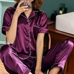 Women's Pajama Set Satin Notch Collar Short Sleeve Elastic Waist Home Loungewear Burgundy Silk-like Sleepwear All Seasons Comfort Fit