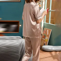 Women's Pajama Set Satin Notch Collar Short Sleeve Elastic Waist Home Loungewear Burgundy Silk-like Sleepwear All Seasons Comfort Fit