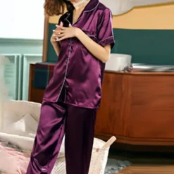 Women's Pajama Set Satin Notch Collar Short Sleeve Elastic Waist Home Loungewear Burgundy Silk-like Sleepwear All Seasons Comfort Fit
