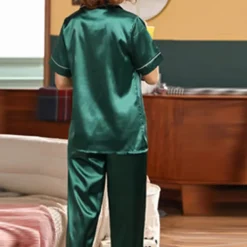 Women's Pajama Set Satin Notch Collar Short Sleeve Elastic Waist Home Loungewear Burgundy Silk-like Sleepwear All Seasons Comfort Fit