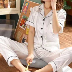 Women's Pajama Set Satin Notch Collar Short Sleeve Elastic Waist Home Loungewear Burgundy Silk-like Sleepwear All Seasons Comfort Fit