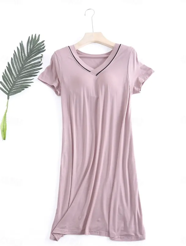 Women's Pajamas Nightgown Nightshirt Dress Pure Color Simple Comfort Home Daily Bed Modal Breathable V Wire Short Sleeve Summer Home Outfits