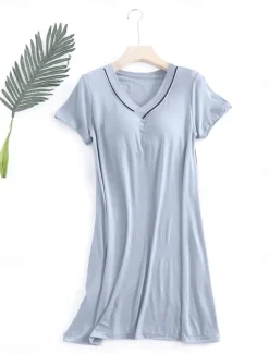 Women's Pajamas Nightgown Nightshirt Dress Pure Color Simple Comfort Home Daily Bed Modal Breathable V Wire Short Sleeve Summer Home Outfits