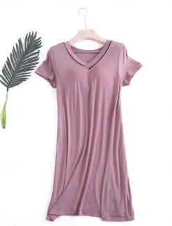 Women's Pajamas Nightgown Nightshirt Dress Pure Color Simple Comfort Home Daily Bed Modal Breathable V Wire Short Sleeve Summer Home Outfits