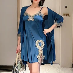 Women's Pajamas Nightgown Dress Pjs 2 Pieces Pure Color Fashion Casual Comfort Home Daily Bed Satin Silk V Wire Long Sleeve Elastic Waist Chest pads Summer Spring Home Outfits