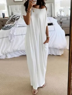 Women's Pajamas Nightgown Dress Pure Color Simple Casual Soft Home Daily Bed Polyester Breathable Short Sleeve Pocket Summer Spring