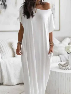 Women's Pajamas Nightgown Dress Pure Color Simple Casual Soft Home Daily Bed Polyester Breathable Short Sleeve Pocket Summer Spring