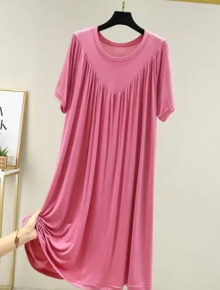 Women's Pajamas Nightgown Nightshirt Dress Pure Color Simple Casual Soft Home Daily Bed Polyester Breathable Crew Neck Short Sleeve Summer Spring