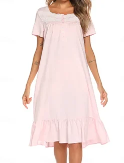 Women's Pajamas Nightgown Dress Pure Color Simple Basic Casual Home Daily Bed Cotton Breathable Square Neck Short Sleeve Dress Button Summer Spring Home Outfits