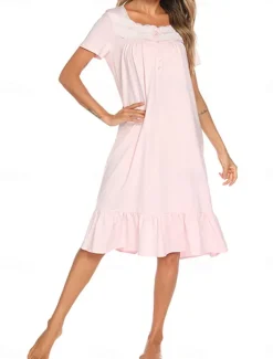Women's Pajamas Nightgown Dress Pure Color Simple Basic Casual Home Daily Bed Cotton Breathable Square Neck Short Sleeve Dress Button Summer Spring Home Outfits