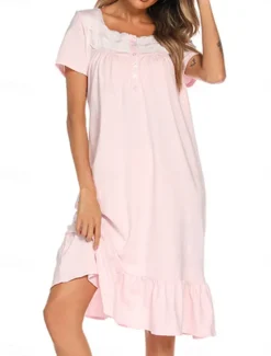 Women's Pajamas Nightgown Dress Pure Color Simple Basic Casual Home Daily Bed Cotton Breathable Square Neck Short Sleeve Dress Button Summer Spring Home Outfits