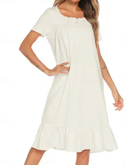 Women's Pajamas Nightgown Dress Pure Color Simple Basic Casual Home Daily Bed Cotton Breathable Square Neck Short Sleeve Dress Button Summer Spring Home Outfits