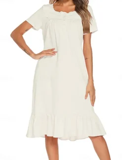 Women's Pajamas Nightgown Dress Pure Color Simple Basic Casual Home Daily Bed Cotton Breathable Square Neck Short Sleeve Dress Button Summer Spring Home Outfits