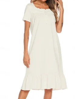 Women's Pajamas Nightgown Dress Pure Color Simple Basic Casual Home Daily Bed Cotton Breathable Square Neck Short Sleeve Dress Button Summer Spring Home Outfits