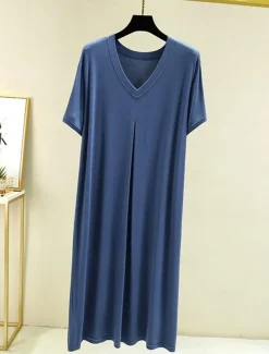 Women's Pajamas Nightgown Nightshirt Dress Pure Color Simple Casual Soft Home Daily Bed Modal Breathable V Wire Short Sleeve Summer Fall Home Outfits