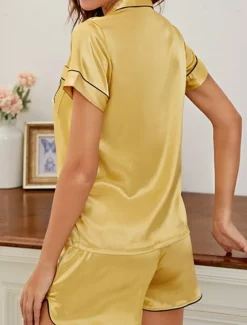 Women's Pajamas Nighty Pjs Sets 2 Pieces Heart Comfort Sweet Home Satin Silk Lapel Short Sleeve Shorts Button Pocket Summer Spring Home Outfits