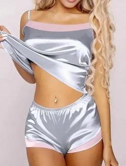 Women's Pajamas Pajama Top and Pant Sets Pure Color Fashion Casual Soft Home Daily Bed Satin Breathable Straps Sleeveless Strap Top Shorts Backless Summer Spring Home Outfits