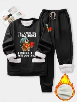 Women's Pajamas Set Fleece Lined 2 Pieces Sweatshirt Tracksuits Pants Fluffy Pyjama Set Long Sleeve Top and Pant Text Print Comfort Casual Home Wear Drawstring Solid Cozy Winter