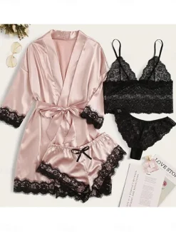 Women's Pajamas Sets 4 Pieces Pure Color Simple Casual Soft Home Daily Bed Satin Breathable V Wire Long Sleeve Shorts Summer Spring Home Outfits