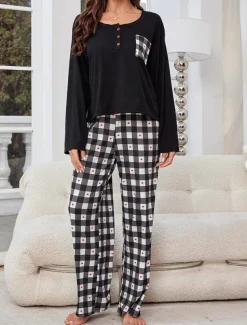 Women's Pajamas Sets Grid / Plaid Casual Comfort Home Bed Breathable Crew Neck Long Sleeve T shirt Tee Pant Button Pocket Fall Winter Home Outfits