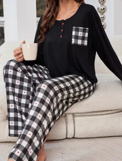 Women's Pajamas Sets Grid / Plaid Casual Comfort Home Bed Breathable Crew Neck Long Sleeve T shirt Tee Pant Button Pocket Fall Winter Home Outfits