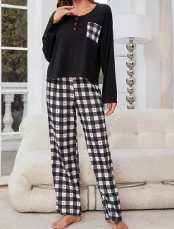 Women's Pajamas Sets Grid / Plaid Casual Comfort Home Bed Breathable Crew Neck Long Sleeve T shirt Tee Pant Button Pocket Fall Winter Home Outfits