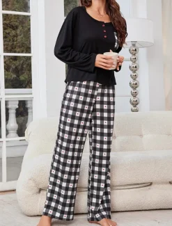 Women's Pajamas Sets Grid / Plaid Casual Comfort Home Bed Breathable Crew Neck Long Sleeve T shirt Tee Pant Button Pocket Fall Winter Home Outfits