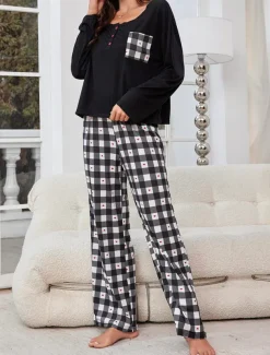 Women's Pajamas Sets Grid / Plaid Casual Comfort Home Bed Breathable Crew Neck Long Sleeve T shirt Tee Pant Button Pocket Fall Winter Home Outfits