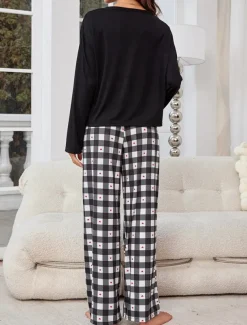 Women's Pajamas Sets Grid / Plaid Casual Comfort Home Bed Breathable Crew Neck Long Sleeve T shirt Tee Pant Button Pocket Fall Winter Home Outfits