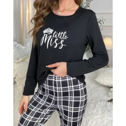 Women's Pajamas Sets Grid / Plaid Letter Fashion Comfort Home Daily Bed Breathable Crew Neck Long Sleeve T shirt Tee Pant Elastic Waist Fall Winter Home Outfits