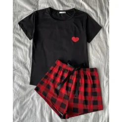 Women's Pajamas Sets Heart Grid / Plaid Fashion Comfort Home Daily Bed Breathable Crew Neck Short Sleeve T shirt Tee Shorts Elastic Waist Summer Spring Home Outfits