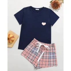 Women's Pajamas Sets Heart Grid / Plaid Fashion Comfort Home Daily Bed Breathable Crew Neck Short Sleeve T shirt Tee Shorts Elastic Waist Summer Spring Home Outfits