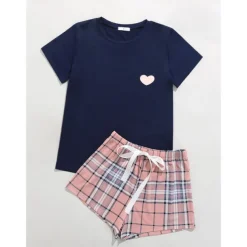 Women's Pajamas Sets Heart Grid / Plaid Fashion Comfort Home Daily Bed Breathable Crew Neck Short Sleeve T shirt Tee Shorts Elastic Waist Summer Spring Home Outfits