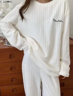 Women's Pajamas Sets Letter Plush Casual Comfort Home Daily Bed Coral Fleece Coral Velvet Warm Crew Neck Long Sleeve Pullover Pant Elastic Waist Fall Winter Light Pink White Home Outfits