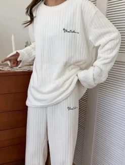 Women's Pajamas Sets Letter Plush Casual Comfort Home Daily Bed Coral Fleece Coral Velvet Warm Crew Neck Long Sleeve Pullover Pant Elastic Waist Fall Winter Light Pink White Home Outfits