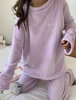 Women's Pajamas Sets Letter Plush Casual Comfort Home Daily Bed Coral Fleece Coral Velvet Warm Crew Neck Long Sleeve Pullover Pant Elastic Waist Fall Winter Light Pink White Home Outfits